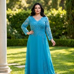 Turquoise Lace Long Sleeve Dress
